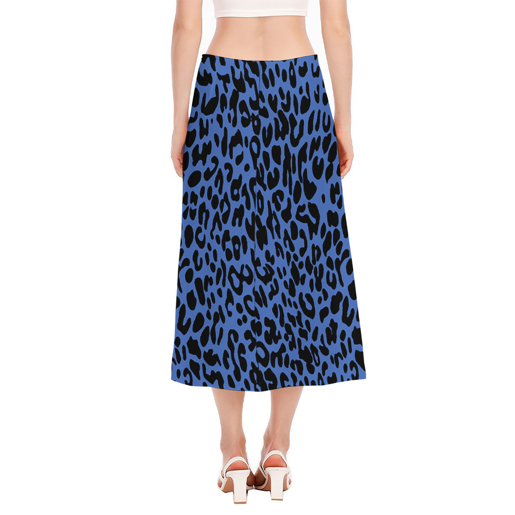 Blue Leopard Print Side Slit Midi Skirt