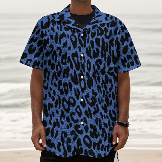 Blue Leopard Print Textured Short Sleeve Shirt