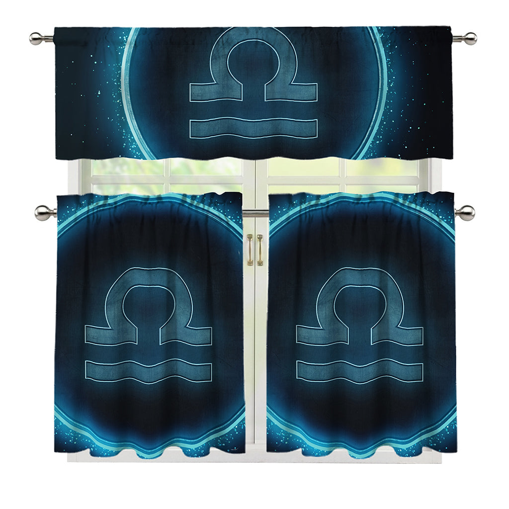 Blue Libra Zodiac Sign Print 3 Piece Kitchen Curtains