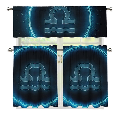 Blue Libra Zodiac Sign Print 3 Piece Kitchen Curtains