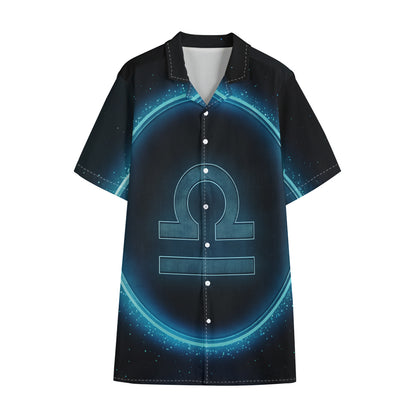 Blue Libra Zodiac Sign Print Cotton Hawaiian Shirt