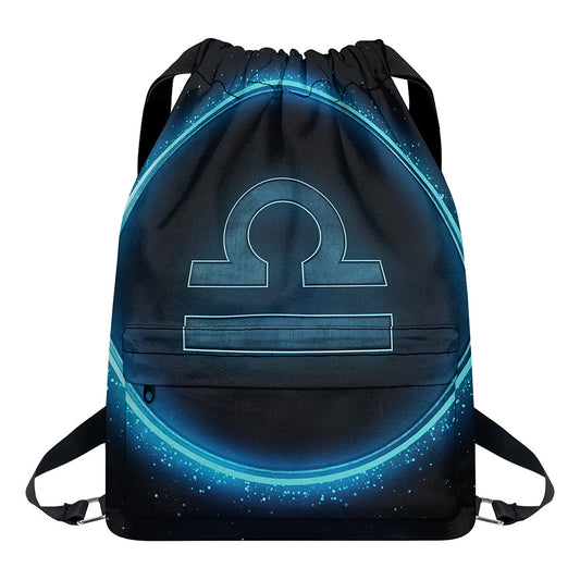 Blue Libra Zodiac Sign Print Drawstring Backpack