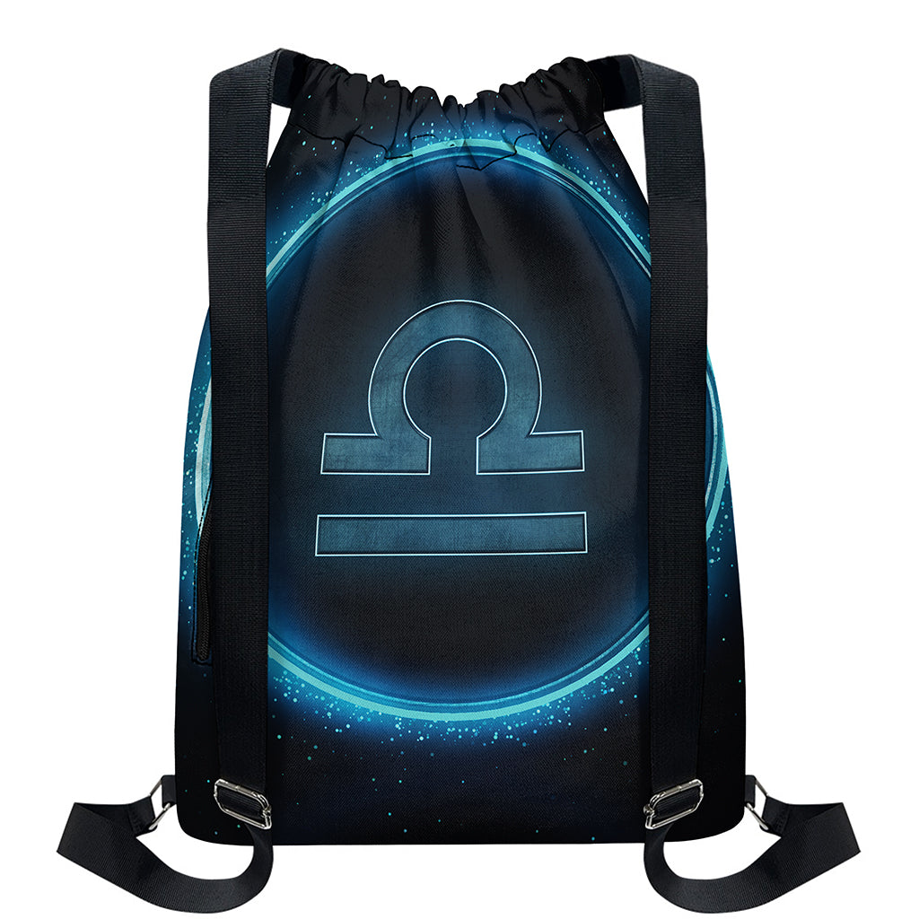 Blue Libra Zodiac Sign Print Drawstring Backpack