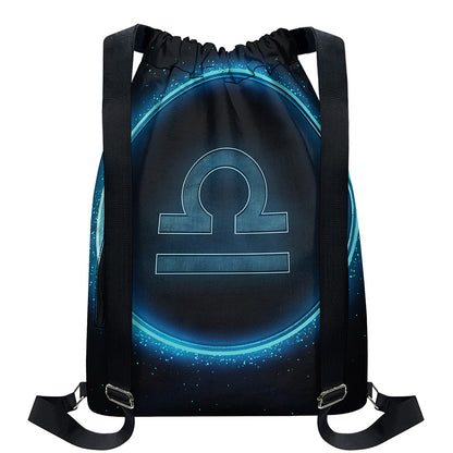 Blue Libra Zodiac Sign Print Drawstring Backpack