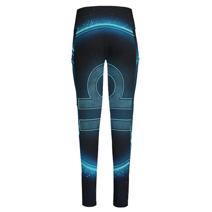 Blue Libra Zodiac Sign Print High-Waisted Pocket Leggings