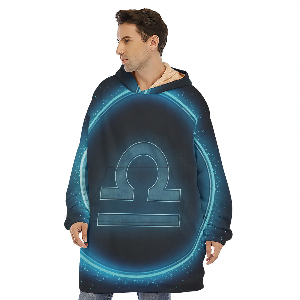 Blue Libra Zodiac Sign Print Hoodie Blanket