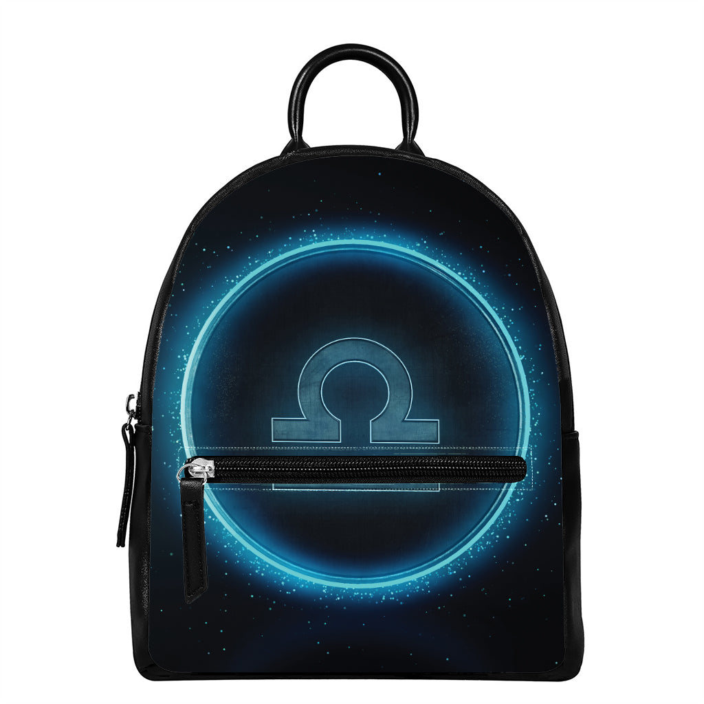 Blue Libra Zodiac Sign Print Leather Backpack