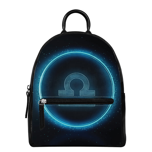 Blue Libra Zodiac Sign Print Leather Backpack