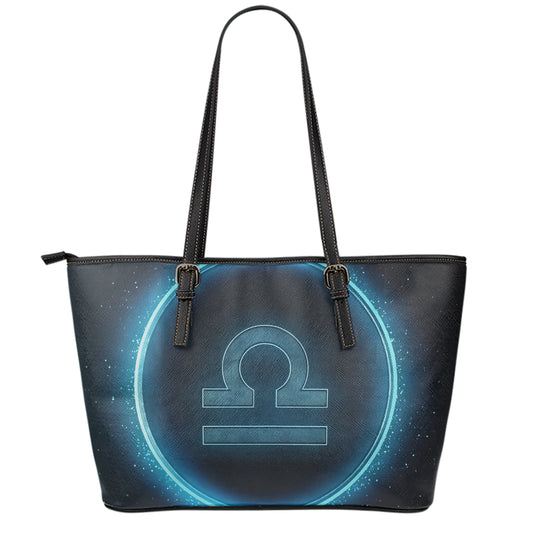 Blue Libra Zodiac Sign Print Leather Tote Bag