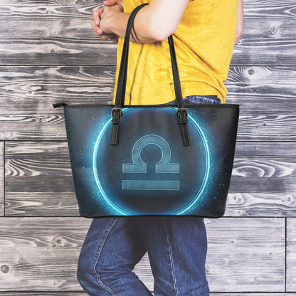 Blue Libra Zodiac Sign Print Leather Tote Bag