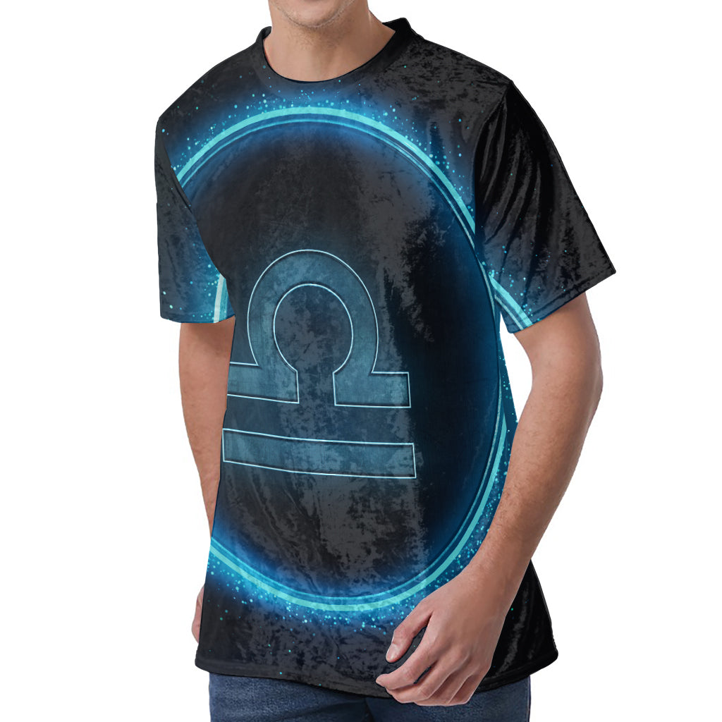 Blue Libra Zodiac Sign Print Men's Velvet T-Shirt