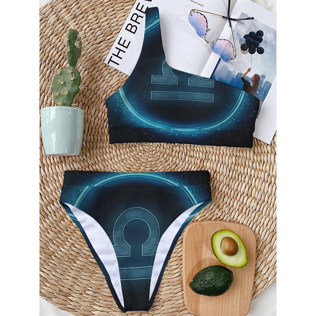 Blue Libra Zodiac Sign Print One Shoulder Bikini Top