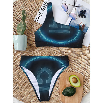 Blue Libra Zodiac Sign Print One Shoulder Bikini Top