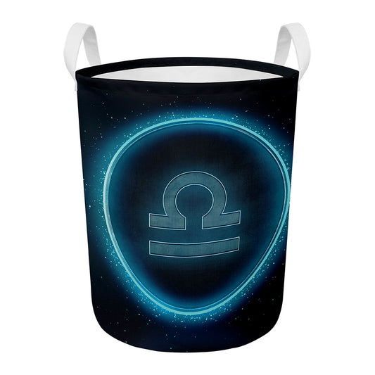 Blue Libra Zodiac Sign Print Round Laundry Basket
