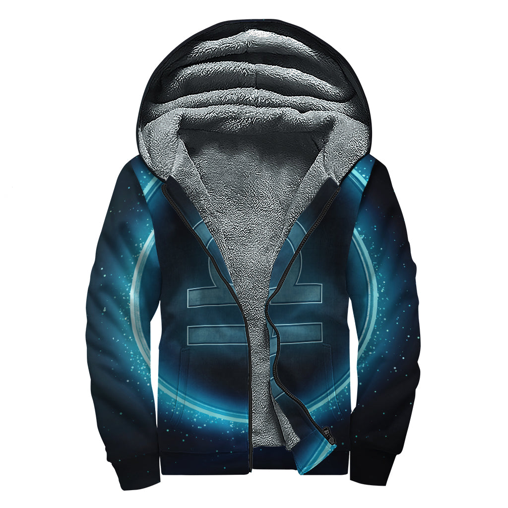 Blue Libra Zodiac Sign Print Sherpa Lined Zip Up Hoodie