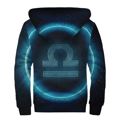 Blue Libra Zodiac Sign Print Sherpa Lined Zip Up Hoodie