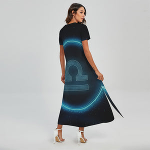 Blue Libra Zodiac Sign Print Short Sleeve Maxi Dress