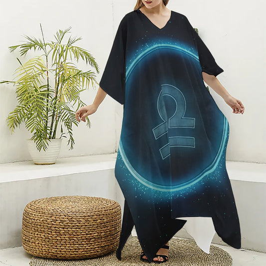 Blue Libra Zodiac Sign Print Silk V-Neck Kaftan Dress