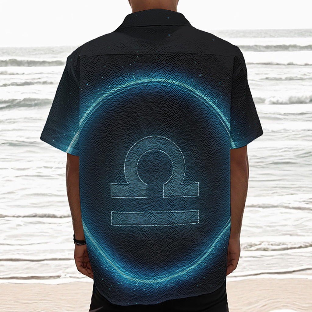 Blue Libra Zodiac Sign Print Textured Short Sleeve Shirt