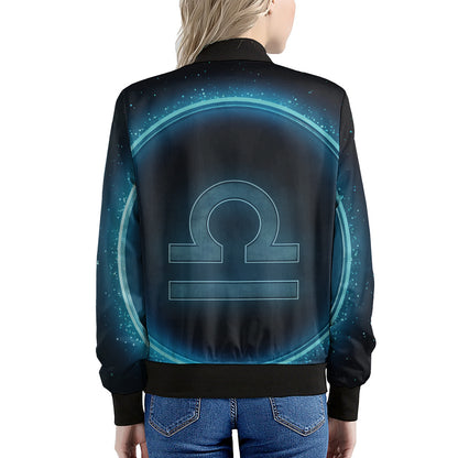 Blue Libra Zodiac Sign Print Women's Bomber Jacket