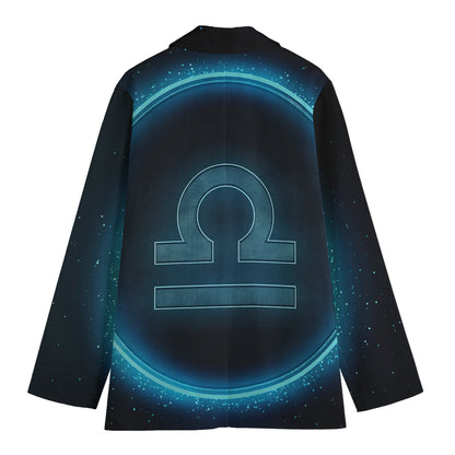 Blue Libra Zodiac Sign Print Women's Cotton Blazer