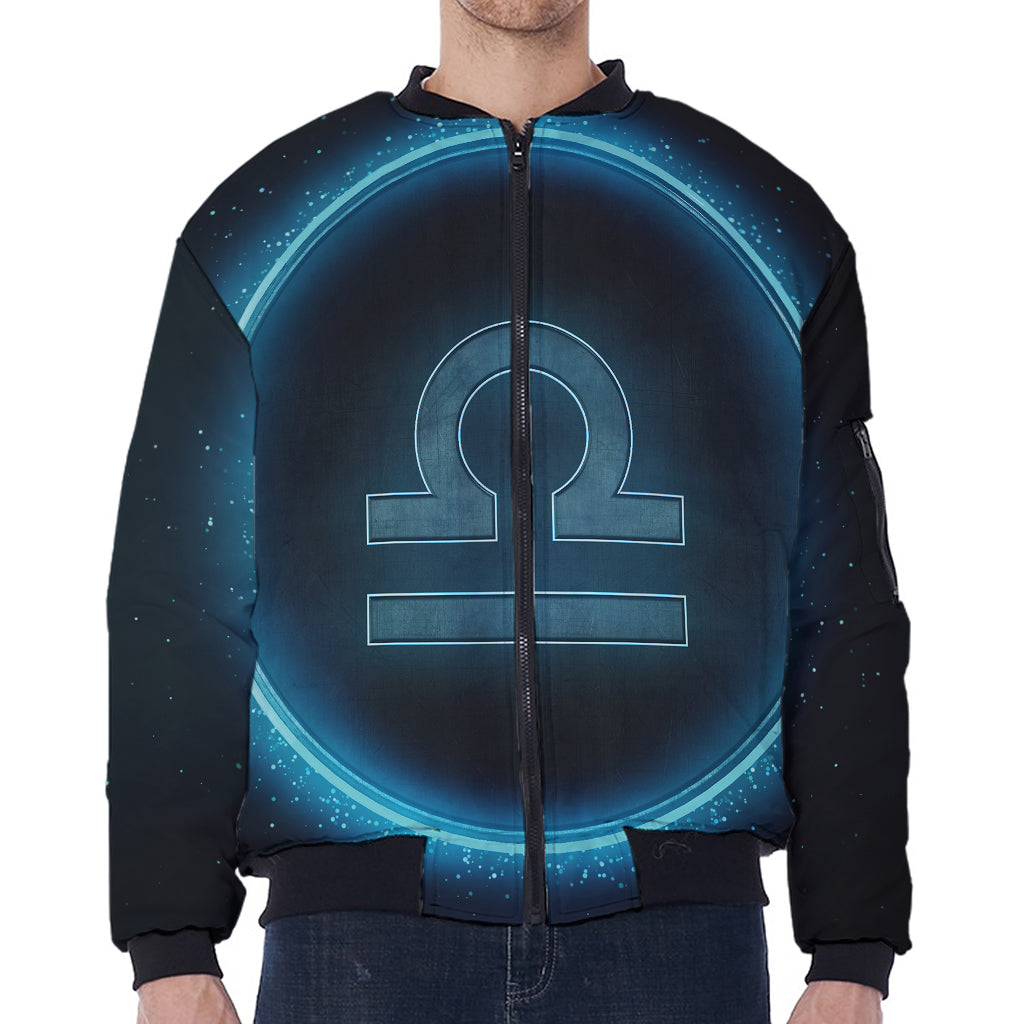 Blue Libra Zodiac Sign Print Zip Sleeve Bomber Jacket