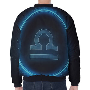 Blue Libra Zodiac Sign Print Zip Sleeve Bomber Jacket