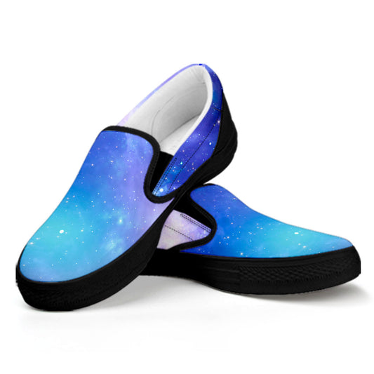Blue Light Nebula Galaxy Space Print Black Slip On Sneakers