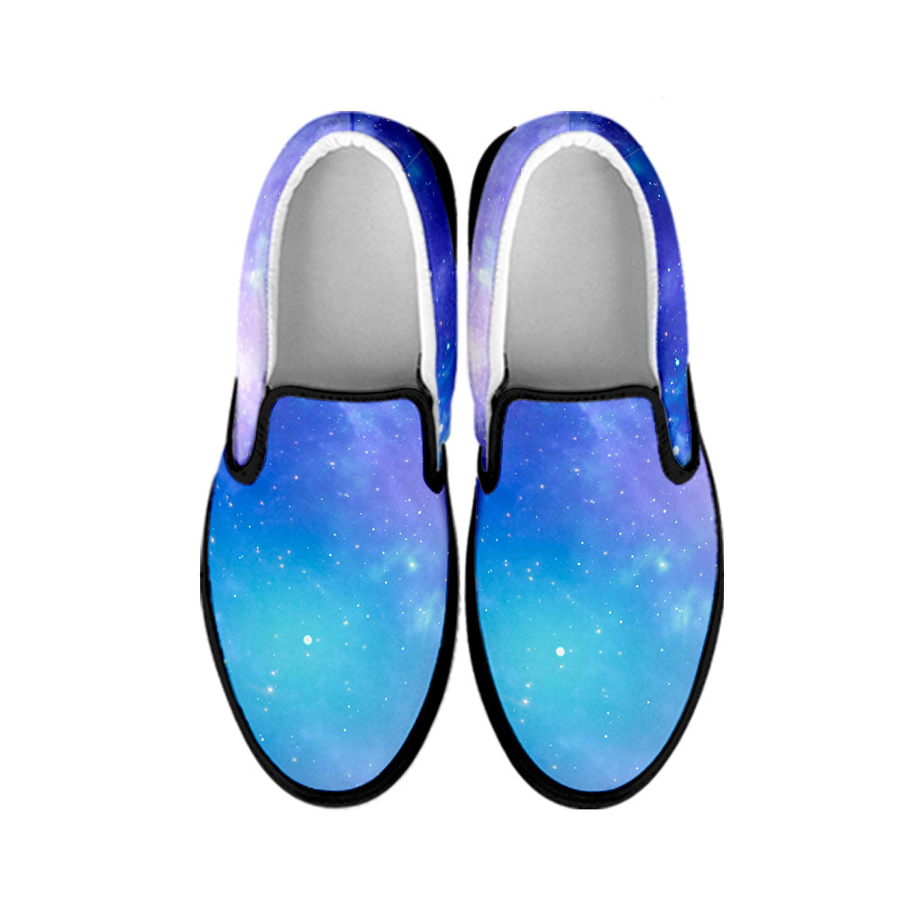 Blue Light Nebula Galaxy Space Print Black Slip On Sneakers