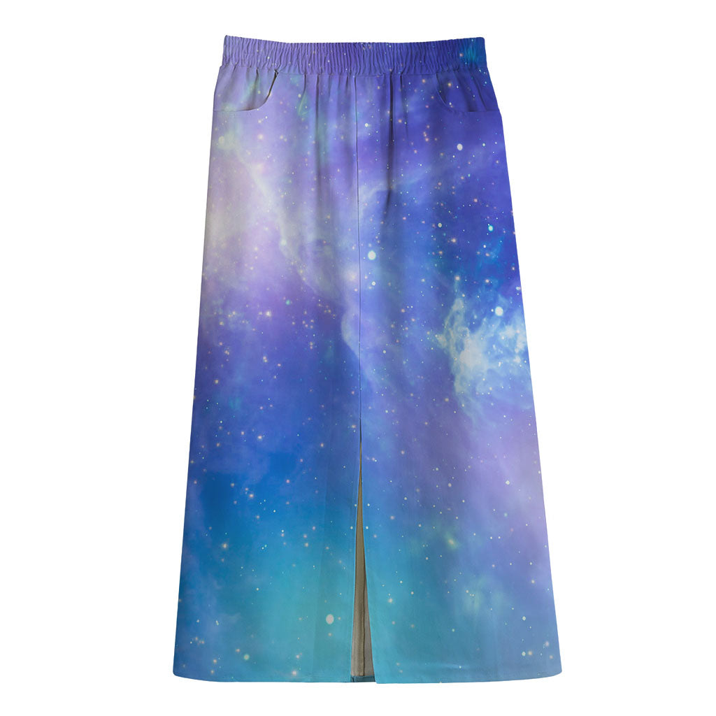 Blue Light Nebula Galaxy Space Print Cotton Front Slit Maxi Skirt
