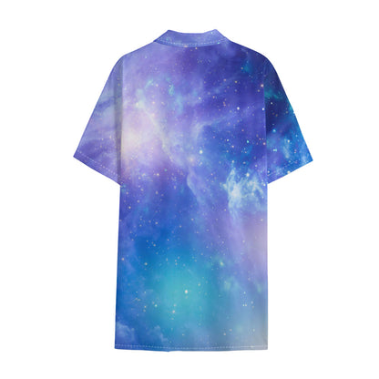Blue Light Nebula Galaxy Space Print Cotton Hawaiian Shirt