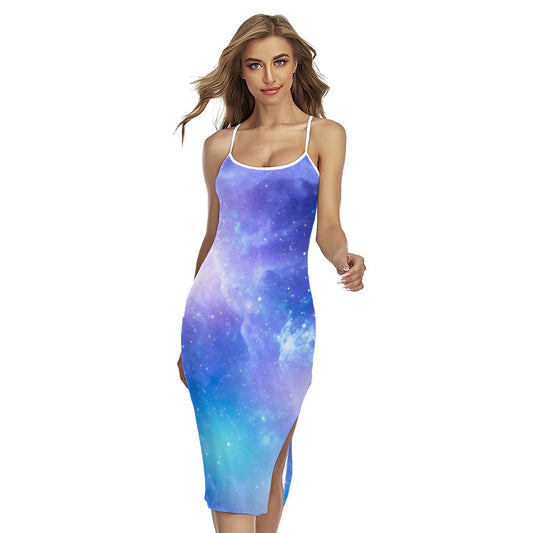 Blue Light Nebula Galaxy Space Print Cross Back Cami Dress