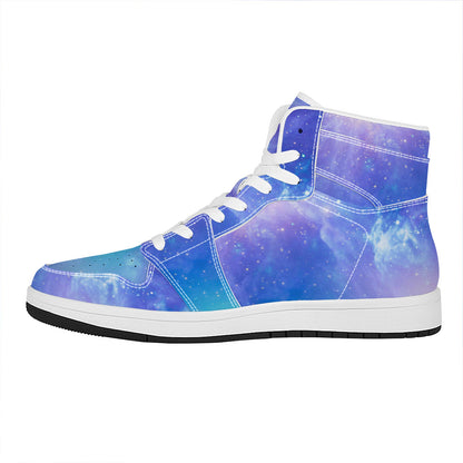 Blue Light Nebula Galaxy Space Print High Top Leather Sneakers