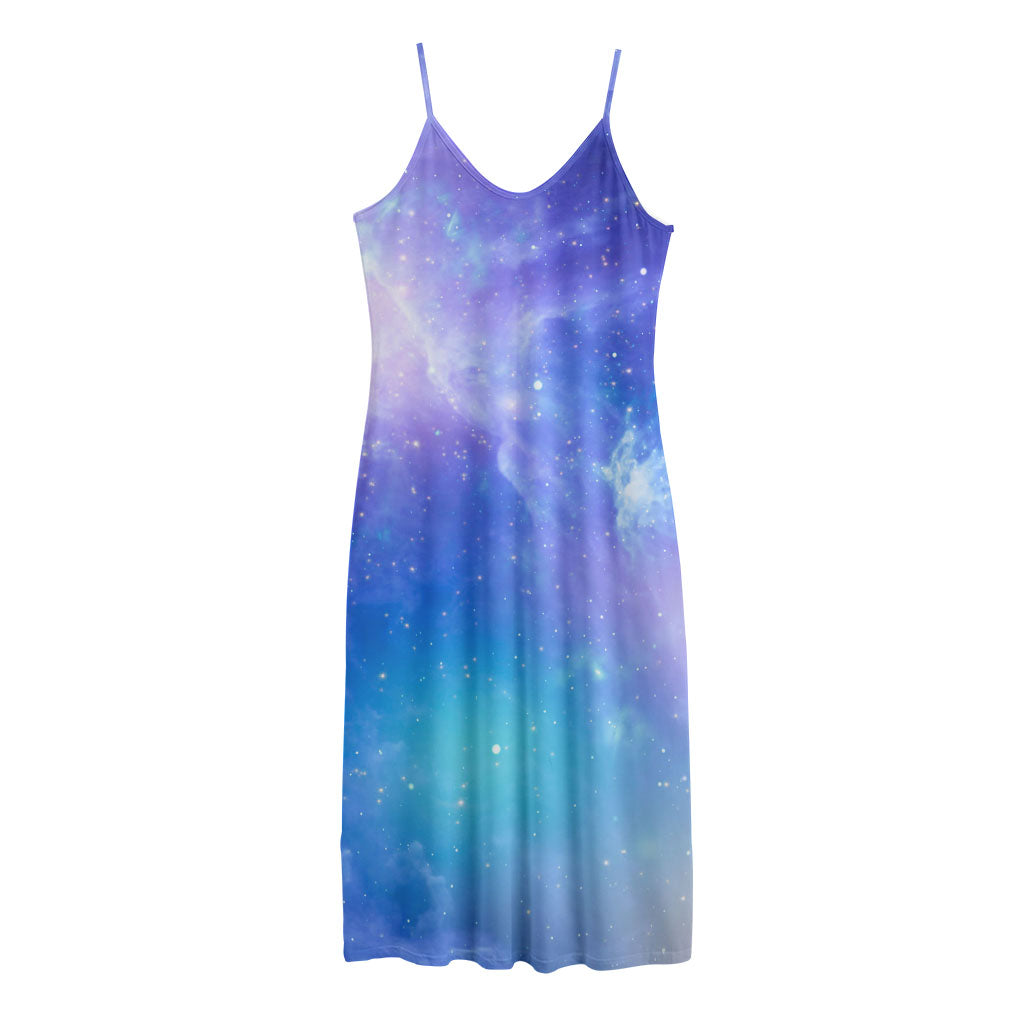 Blue Light Nebula Galaxy Space Print Jersey Midi Cami Dress