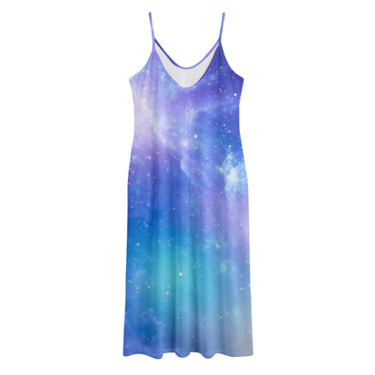Blue Light Nebula Galaxy Space Print Jersey Midi Cami Dress