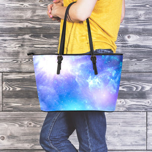 Blue Light Nebula Galaxy Space Print Leather Tote Bag