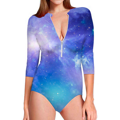 Blue Light Nebula Galaxy Space Print Long Sleeve Swimsuit