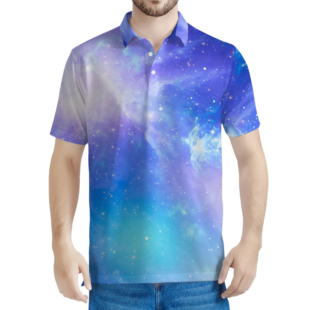 Blue Light Nebula Galaxy Space Print Men's Polo Shirt