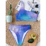 Blue Light Nebula Galaxy Space Print One Shoulder Bikini Top