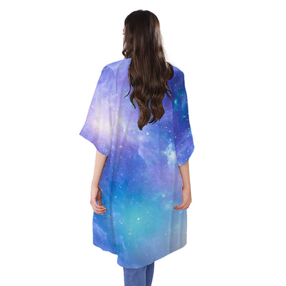 Blue Light Nebula Galaxy Space Print Open Front Beach Cover Up