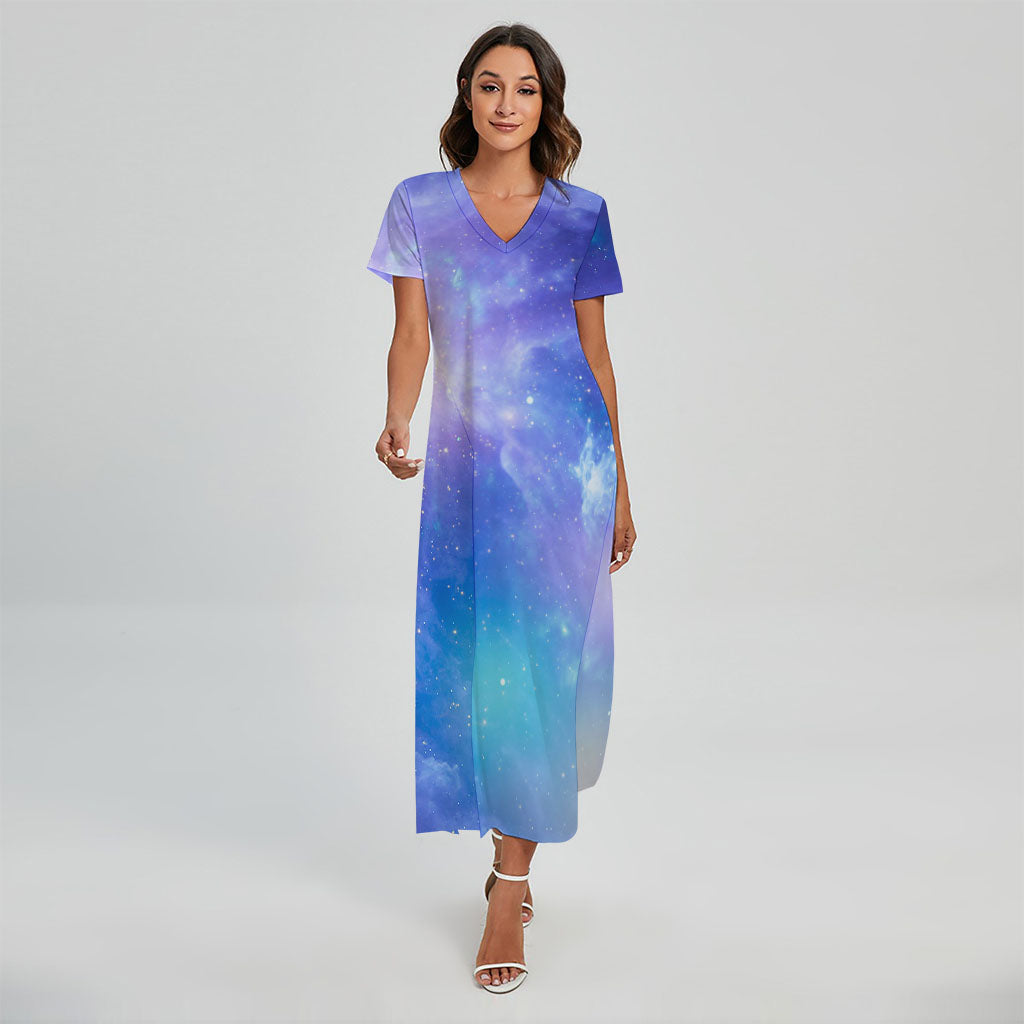 Blue Light Nebula Galaxy Space Print Short Sleeve Maxi Dress