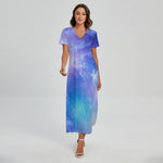 Blue Light Nebula Galaxy Space Print Short Sleeve Maxi Dress