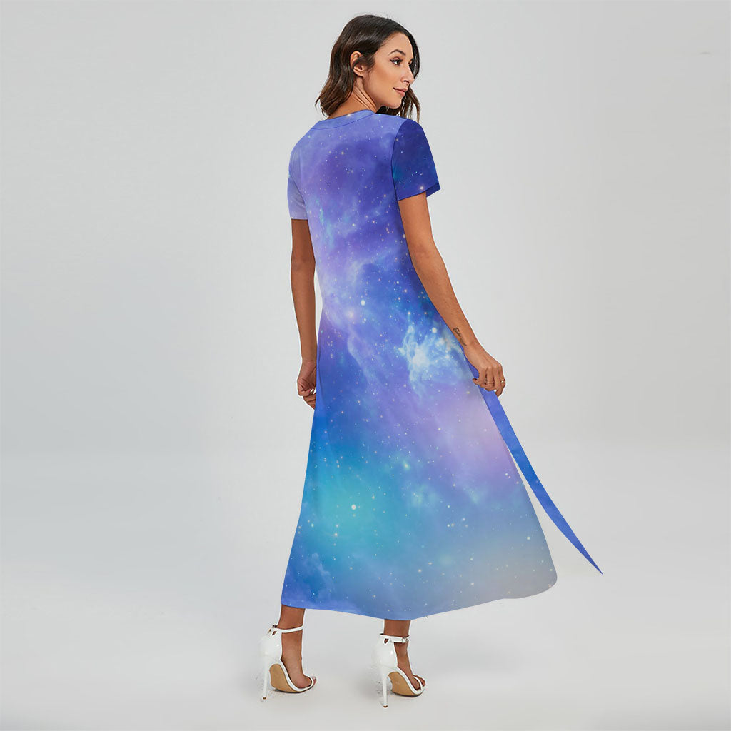 Blue Light Nebula Galaxy Space Print Short Sleeve Maxi Dress