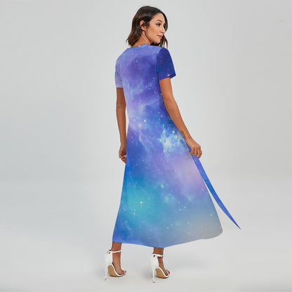Blue Light Nebula Galaxy Space Print Short Sleeve Maxi Dress