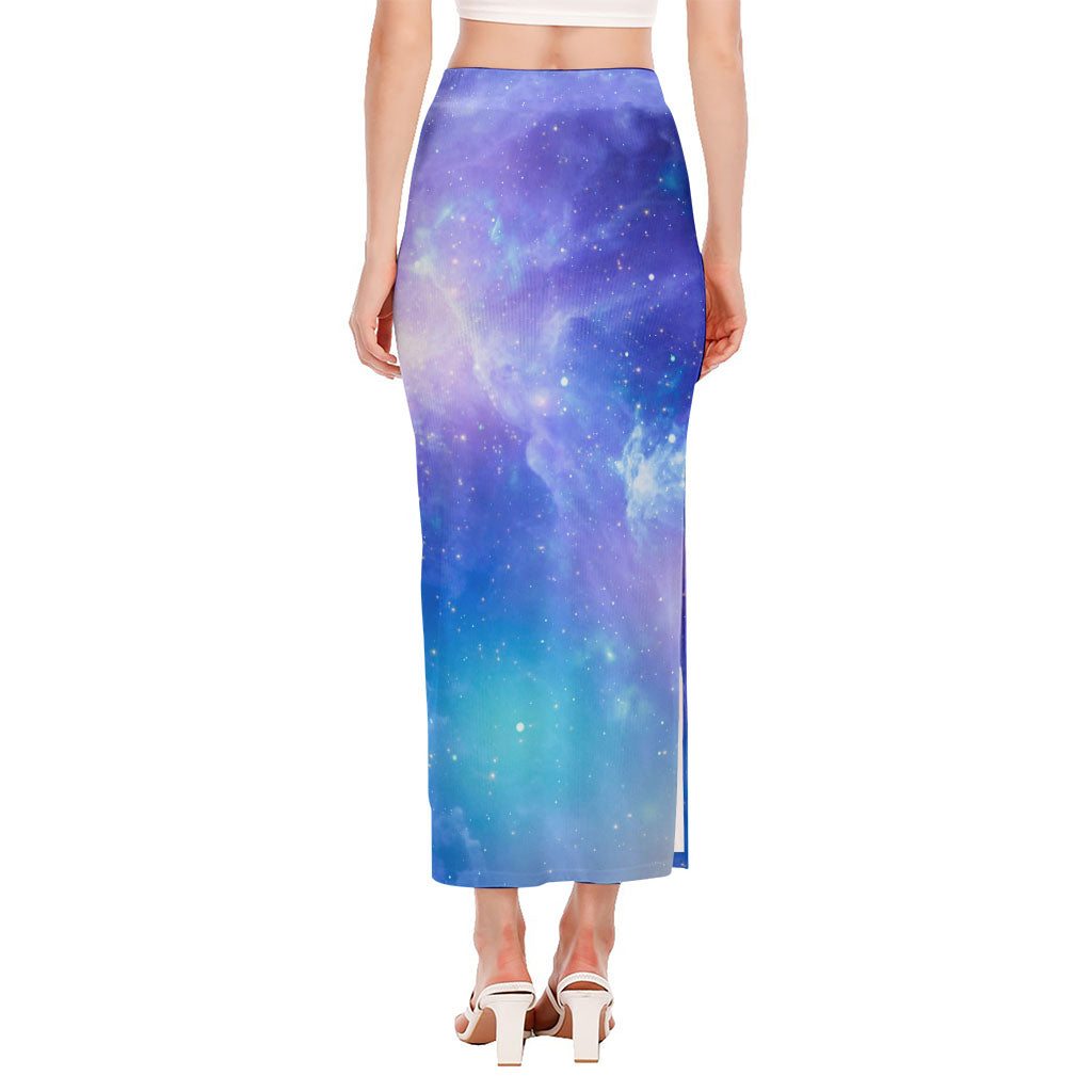 Blue Light Nebula Galaxy Space Print Side Slit Maxi Skirt