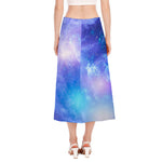 Blue Light Nebula Galaxy Space Print Side Slit Midi Skirt