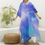 Blue Light Nebula Galaxy Space Print Silk V-Neck Kaftan Dress