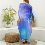 Blue Light Nebula Galaxy Space Print Silk V-Neck Kaftan Dress