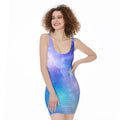 Blue Light Nebula Galaxy Space Print Sleeveless Bodycon Dress