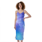 Blue Light Nebula Galaxy Space Print Slim Fit Midi Cami Dress
